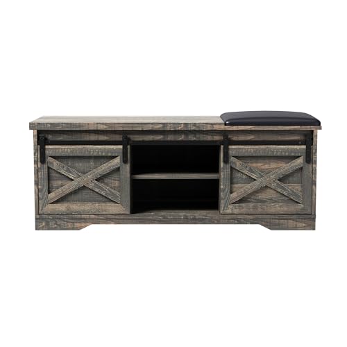Antique Gray 2-Tier Shoe Bench with Storage and Padded Cushion B46779