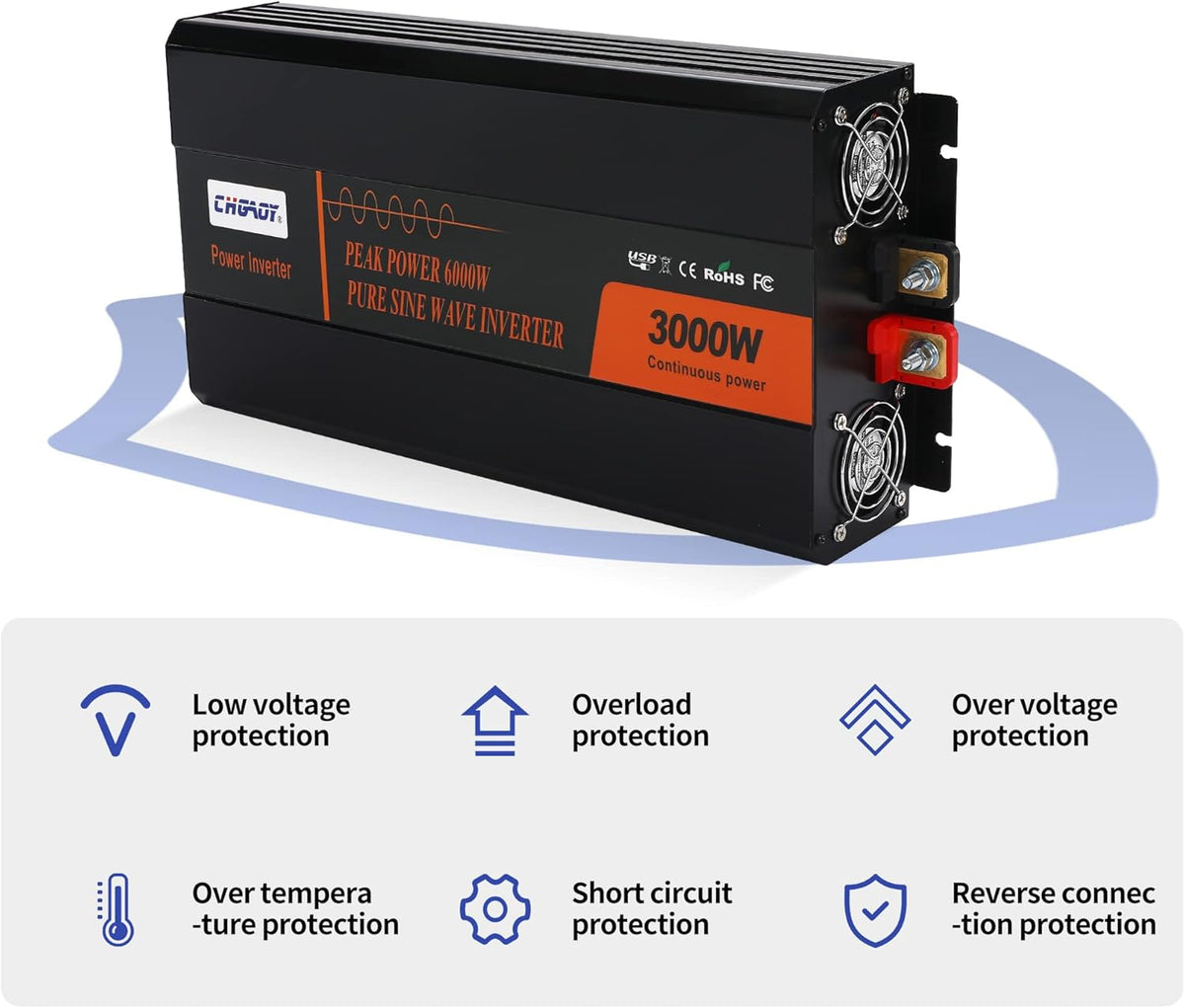 3000W Pure Sine Wave Power Inverter DC 12V to AC 120V with LCD Digital Display Remote Control USB Port H423