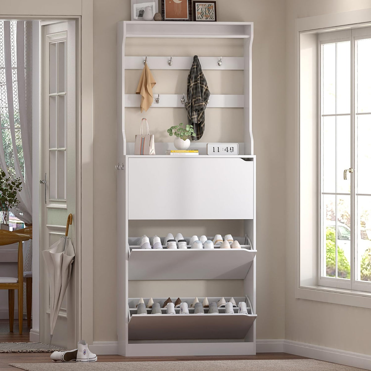 White 3 Flip Drawer Tall Wood Shoe Cabinet with Coat Rack B487979