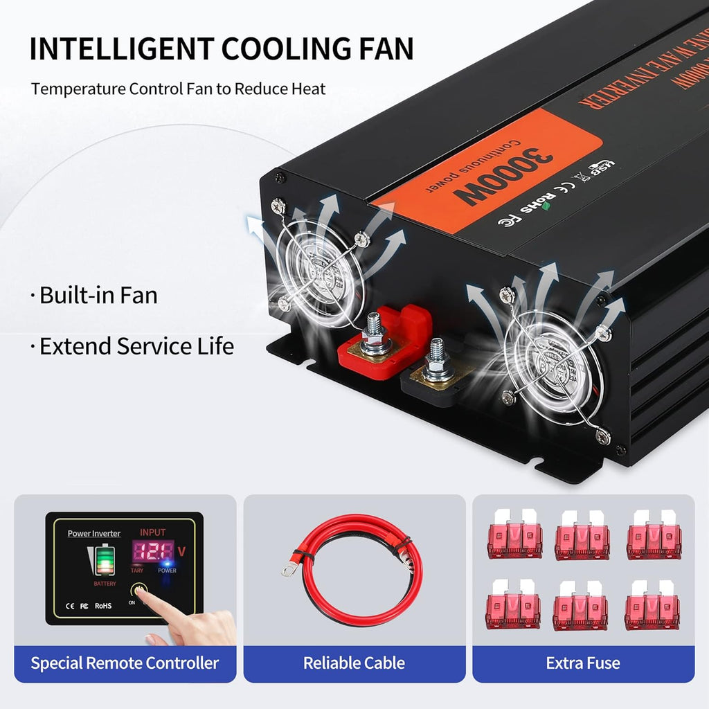 3000W Pure Sine Wave Power Inverter DC 12V to AC 120V with LCD Digital Display Remote Control USB Port H423
