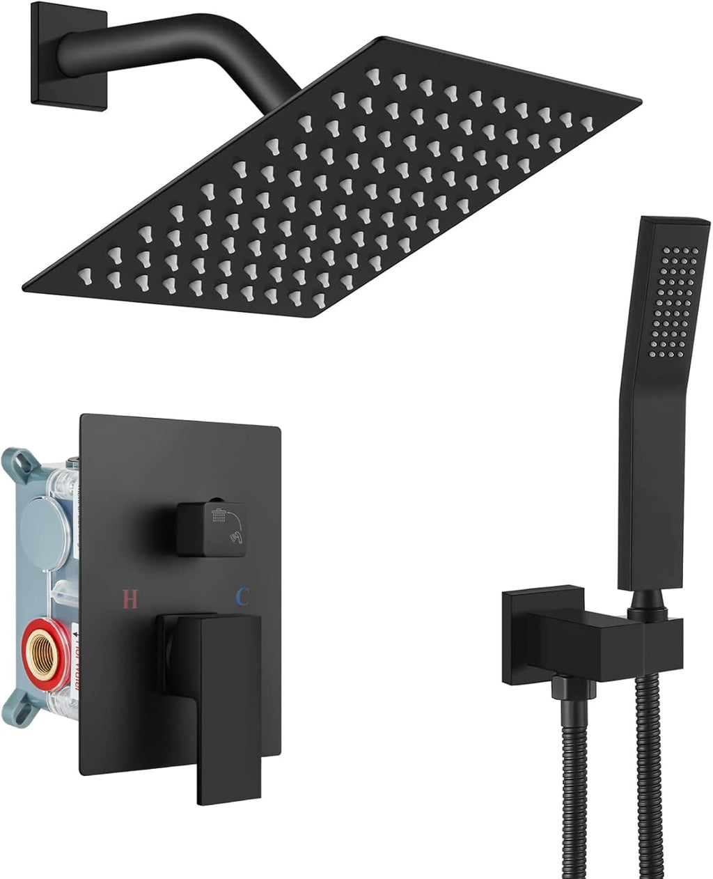 Matte Black 10 inch Square Shower Head Hand Held Shower Complete Combo Set Wall Mounted E276881