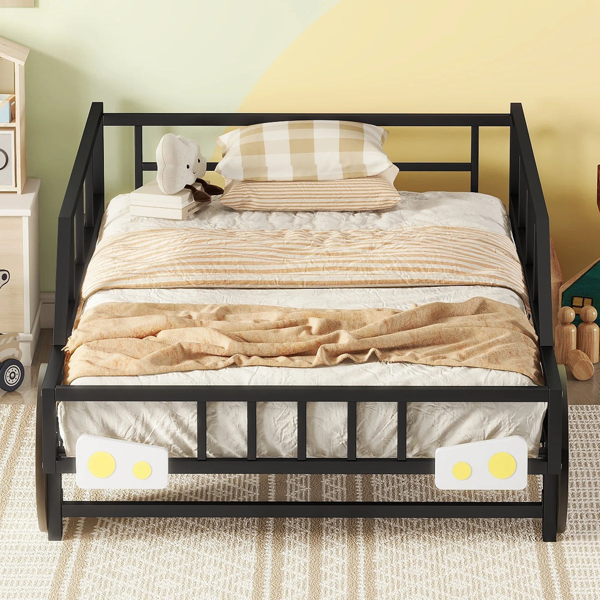 Twin Size Metal Bed Frame with Headboard and Guardrail F6057