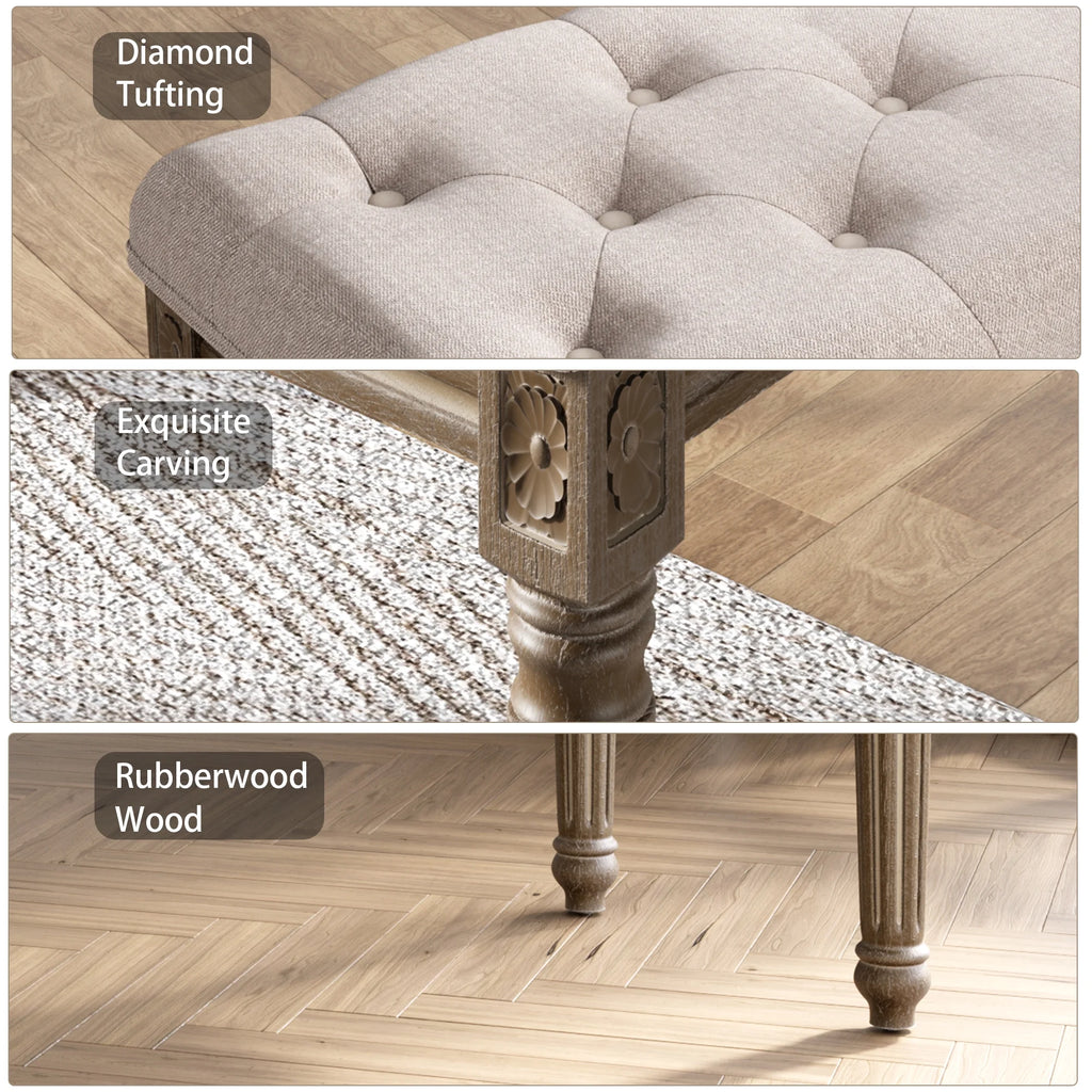 Upholstered Button Tufted Cushion Bench with Carved Wooden Legs U985748