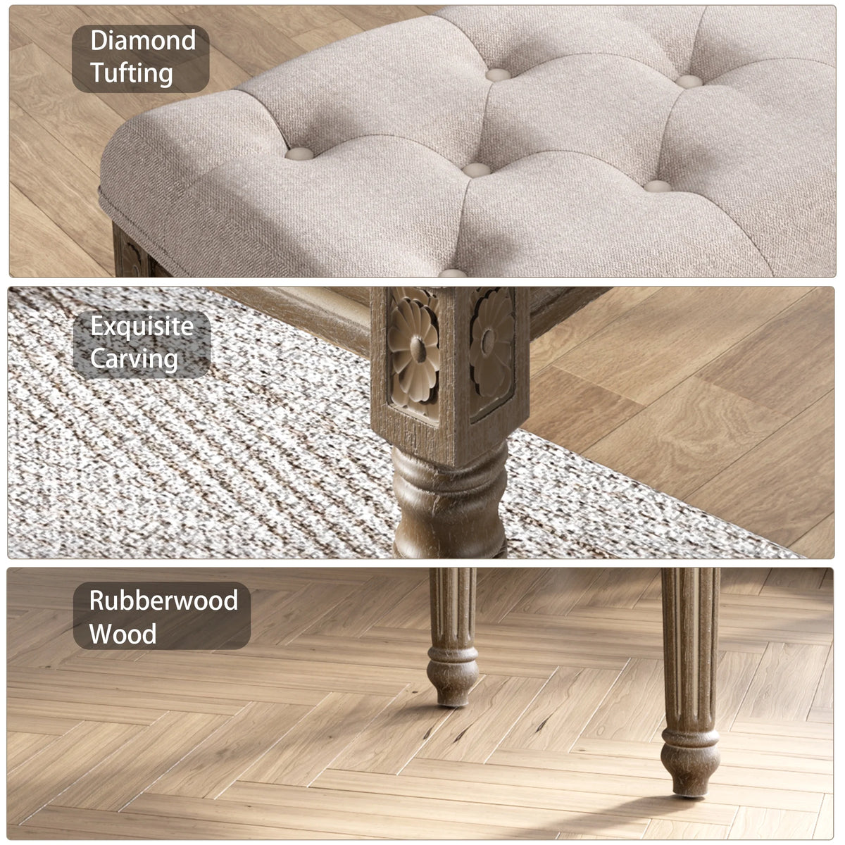 Upholstered Button Tufted Cushion Bench with Carved Wooden Legs U985748