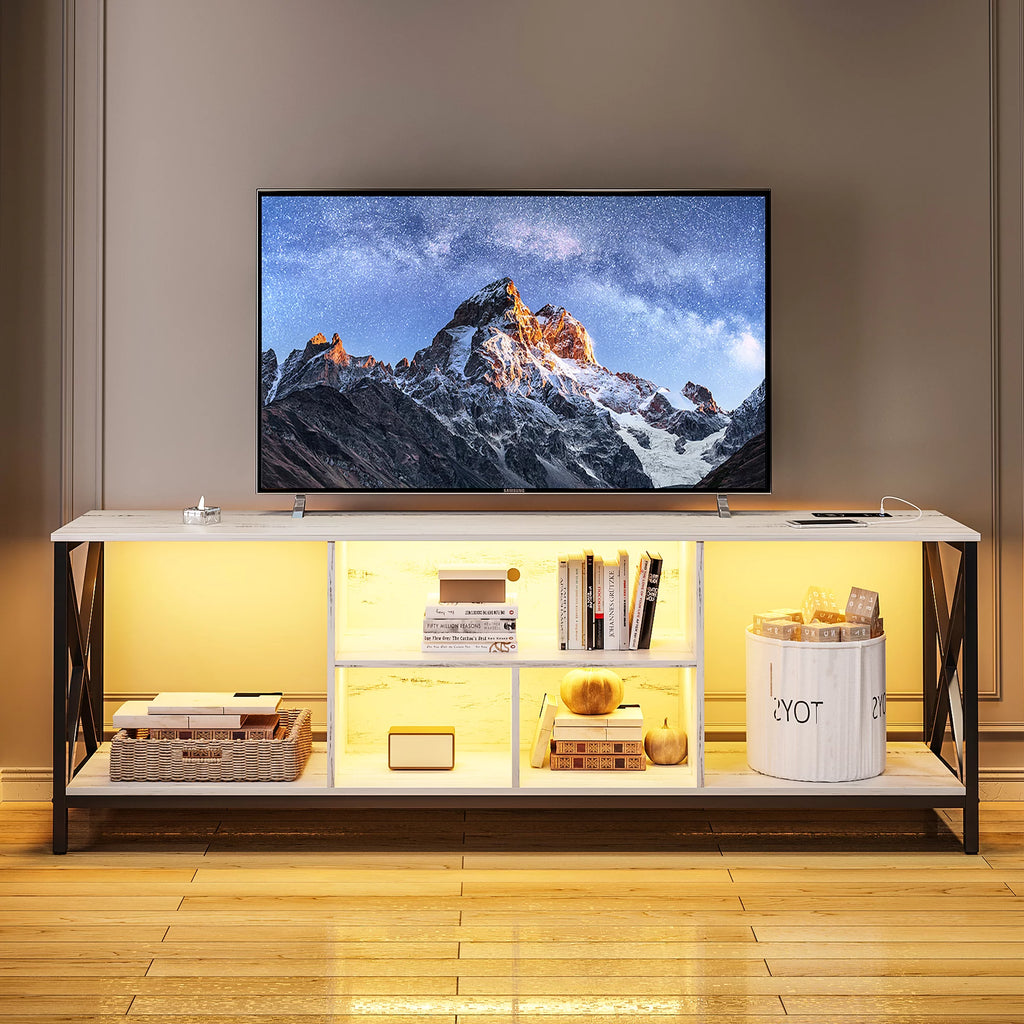 White LED TV Stand with Charging Station and Storage Cabinet F953