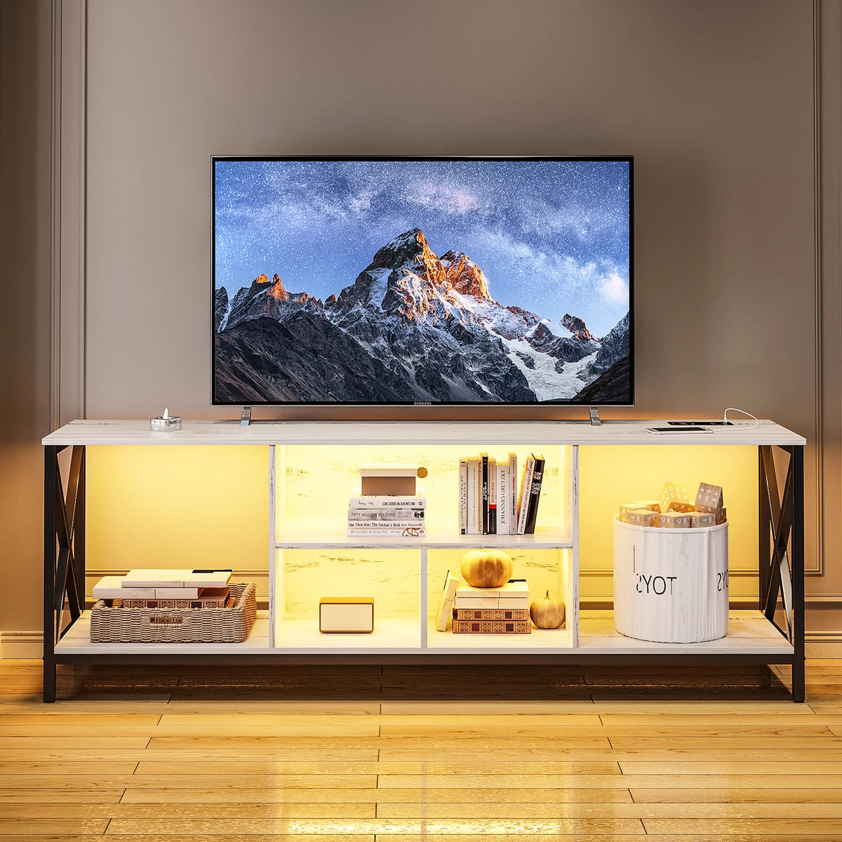 White LED TV Stand with Charging Station and Storage Cabinet F953