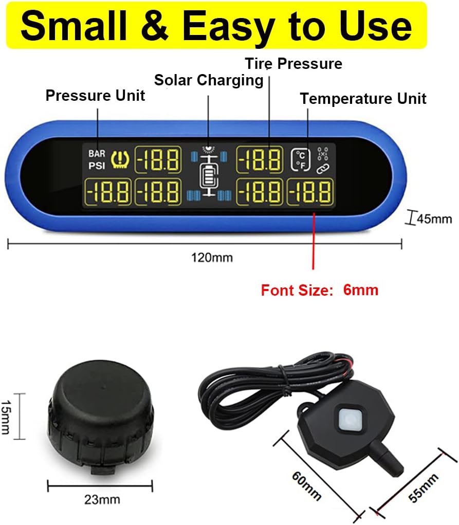 Solar-Powered Digital Tire Pressure Monitoring System (TPMS), 80ft Sensing Distance, 0-199 psi M124