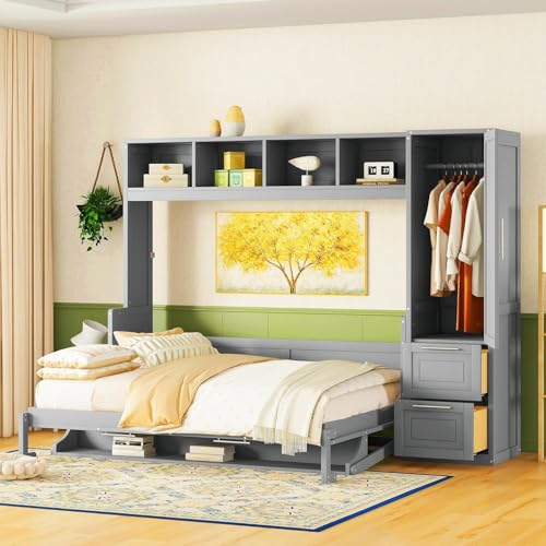 Queen Size Murphy Bed Wall Bed with Closet and Drawers G86777