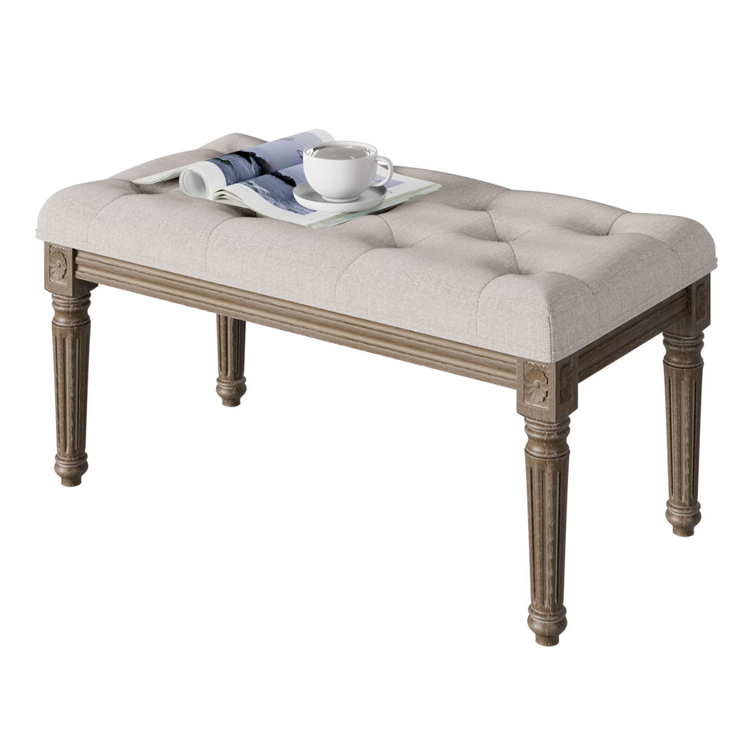 Upholstered Button Tufted Cushion Bench with Carved Wooden Legs U985748