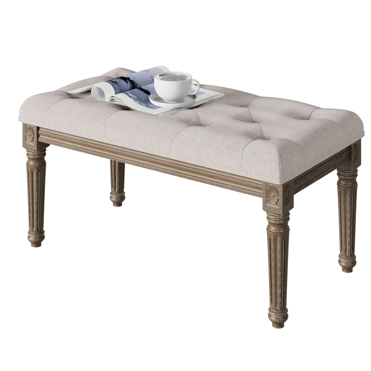 Upholstered Button Tufted Cushion Bench with Carved Wooden Legs U985748