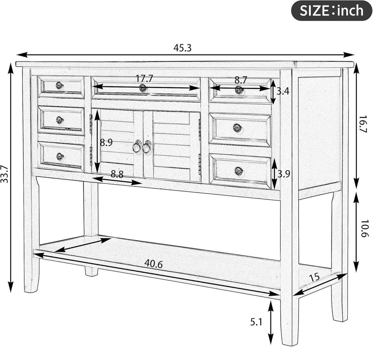 Light Blue 7-Drawer Console Table with Doors and Bottom Shelf C40359