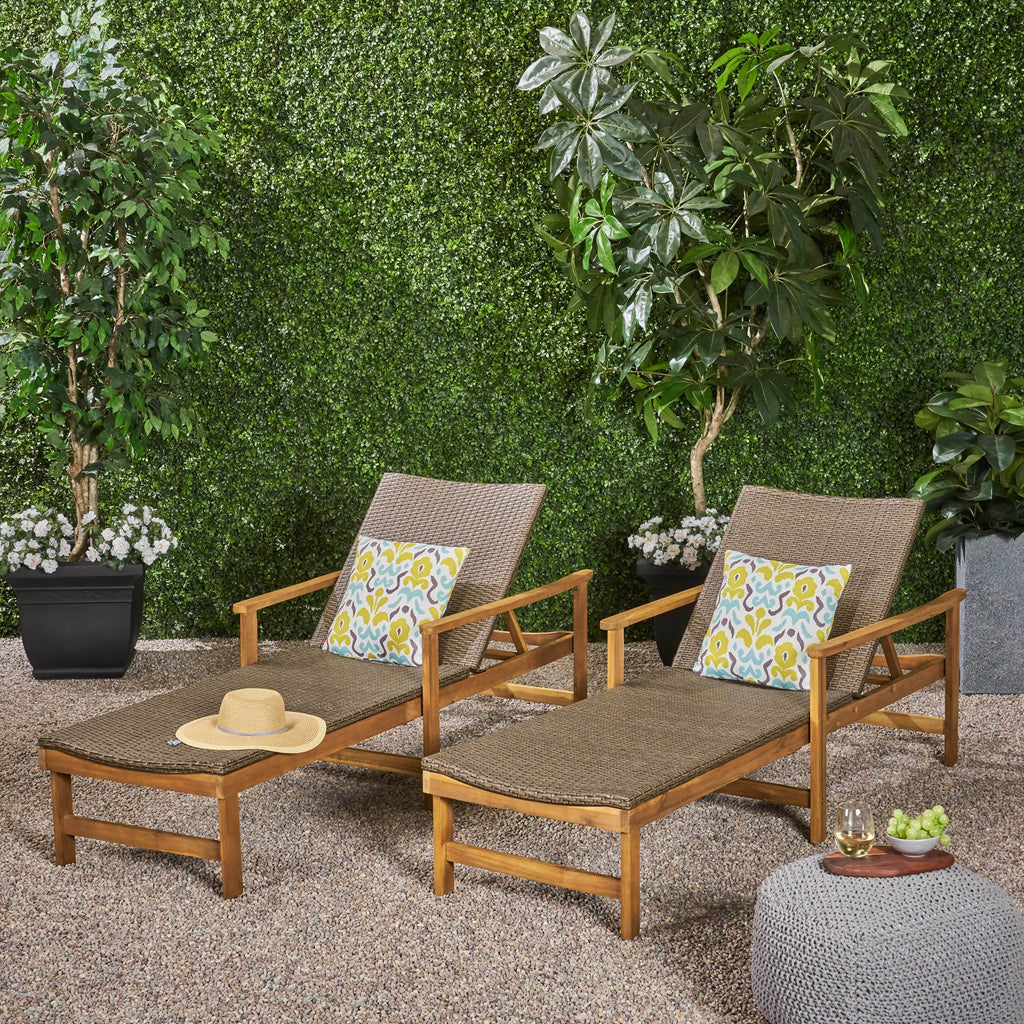 Rustic Acacia Wood Chaise Lounge with Wicker Seating Set of 2 Y8443