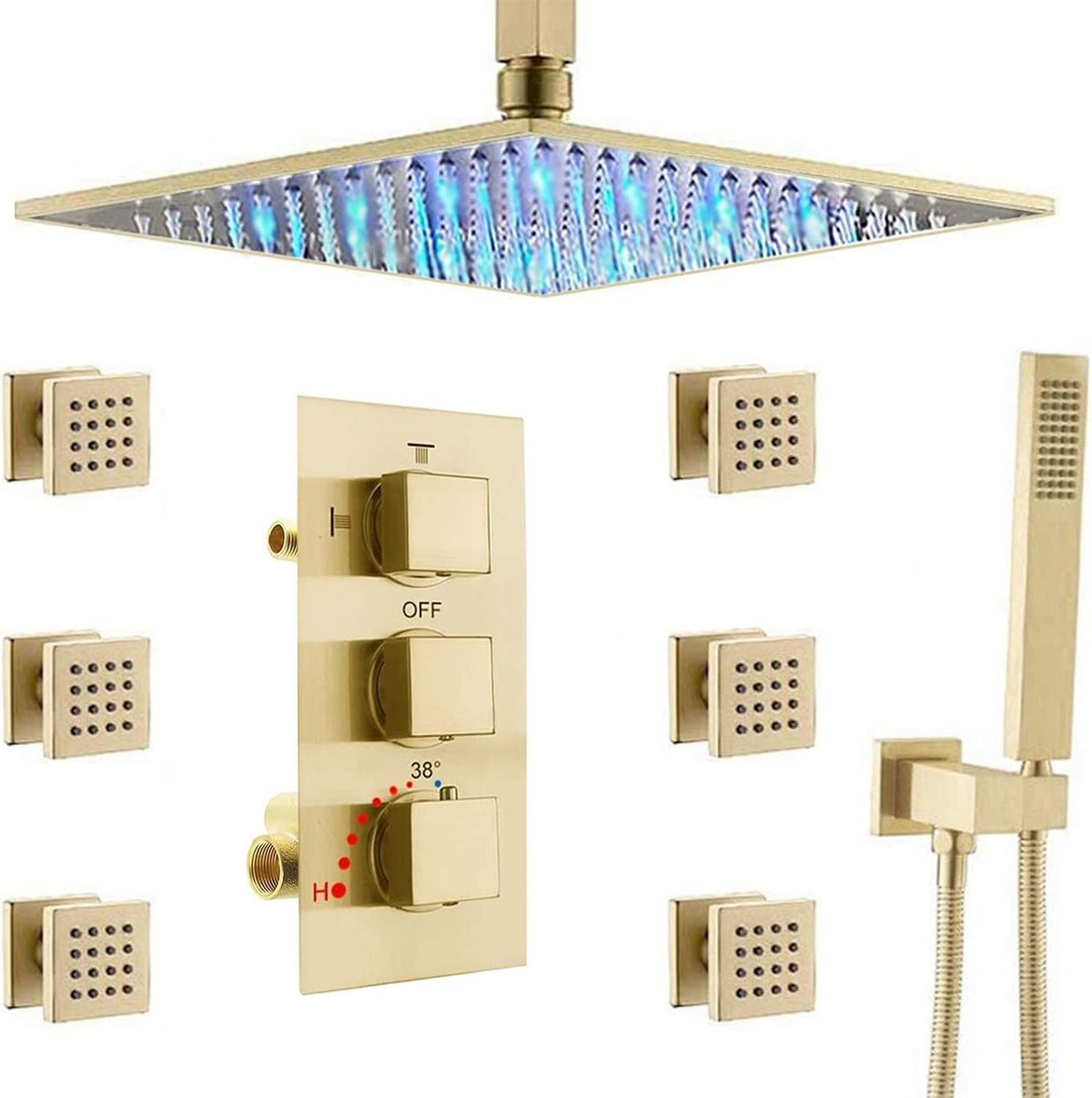 Brushed Nickel LED Rain Shower Head System with Thermostatic Mixer Valve and Body Sprayer Jets S273837