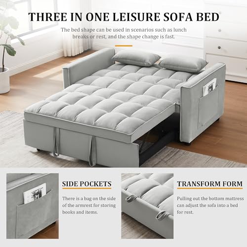 Gray Velvet Convertible Sleeper Sofa Bed P61289