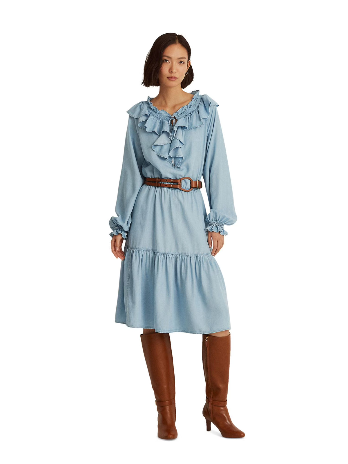Light Blue Tie Ruffled Blouson Sleeve Dress O421