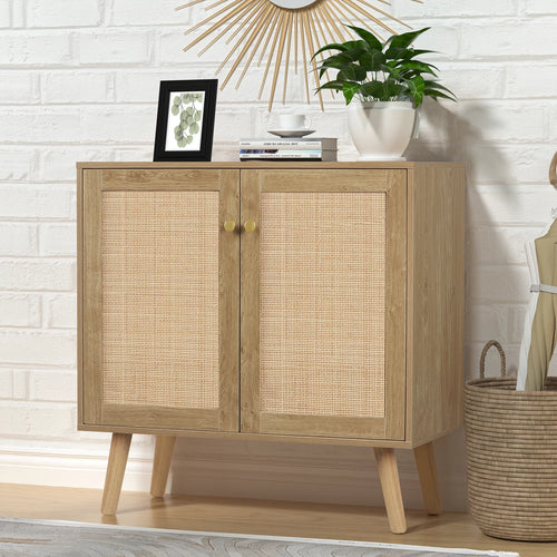 2-Doors Accent Cabinet Sideboard with Pine Wood Legs Rattan Cabinet Cupboard X57532