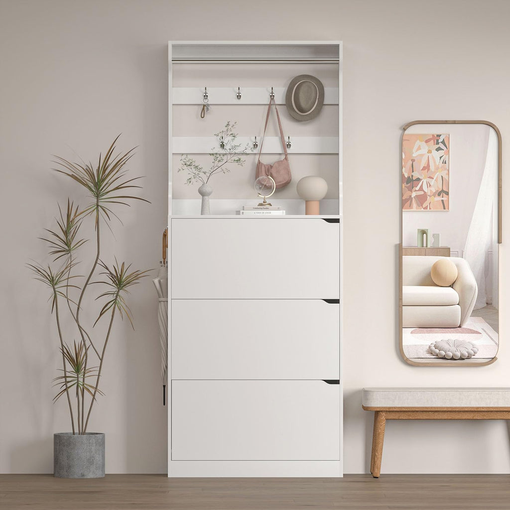 White 3 Flip Drawer Tall Wood Shoe Cabinet with Coat Rack B487979