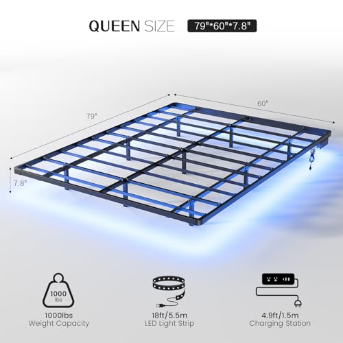 Full Size Metal Platform Bed with LED Lights and Charging Station W250