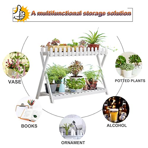 2 Tier White Wooden Plant Shelf (88cm) F91046