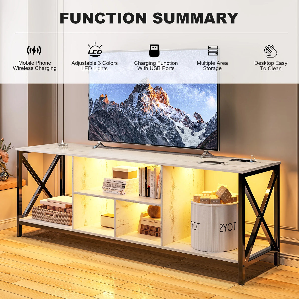 White LED TV Stand with Charging Station and Storage Cabinet F953