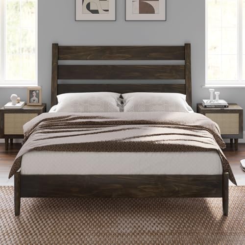 Dark Brown Solid Wood King Bed Frame with Slatted Headboard M185366