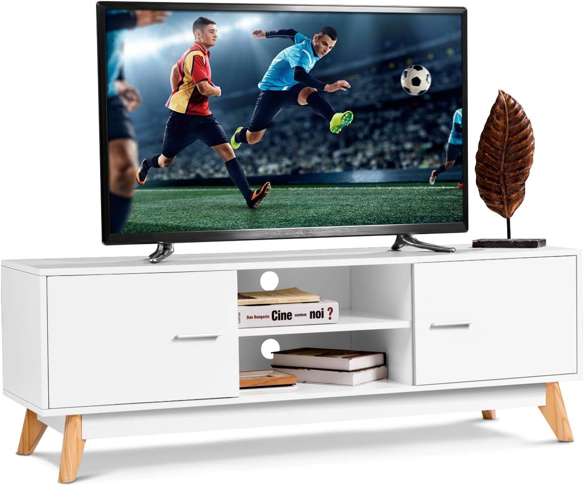 White Wooden TV Stand with 2 Storage Cabinets & 2 Open Shelves Z3199