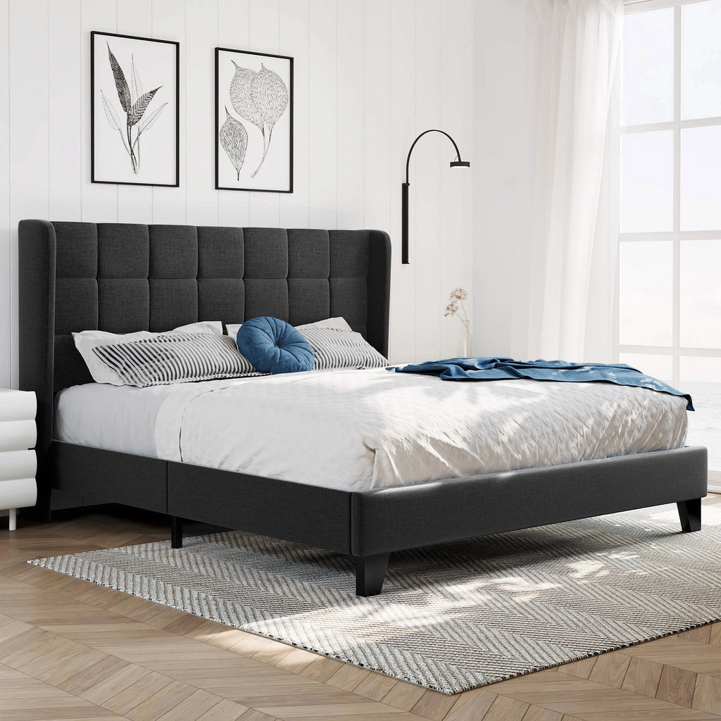 Queen Size Dark Grey Platform Bed with Wingback Headboard A70861