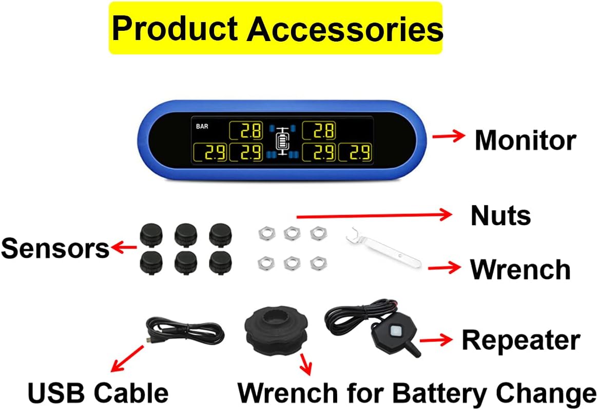 Solar-Powered Digital Tire Pressure Monitoring System (TPMS), 80ft Sensing Distance, 0-199 psi M124