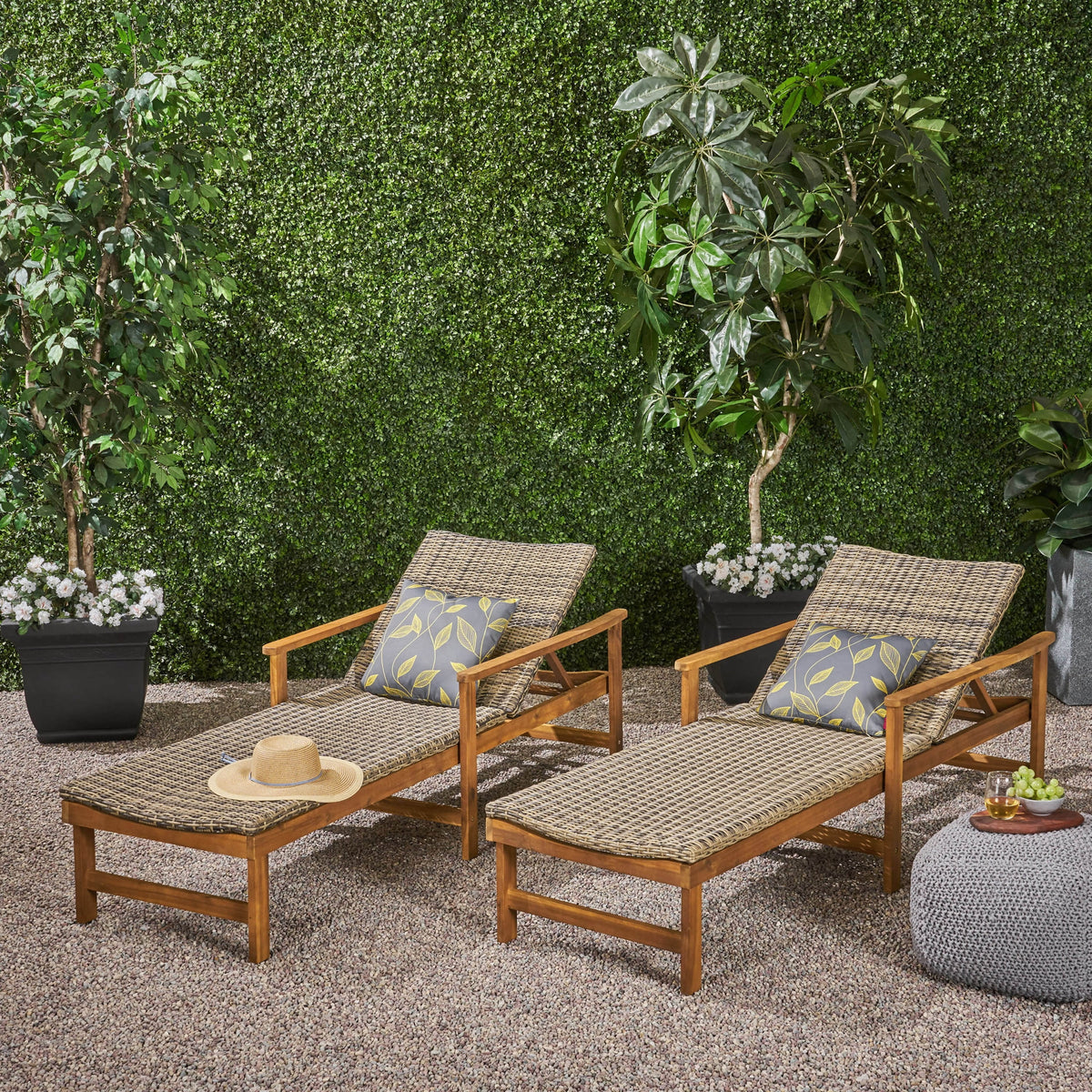 Rustic Acacia Wood Chaise Lounge with Wicker Seating Set of 2 Y8443