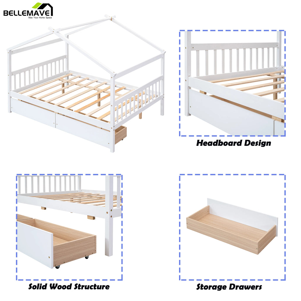 Full Size White Wooden House Bed with Drawers B2086