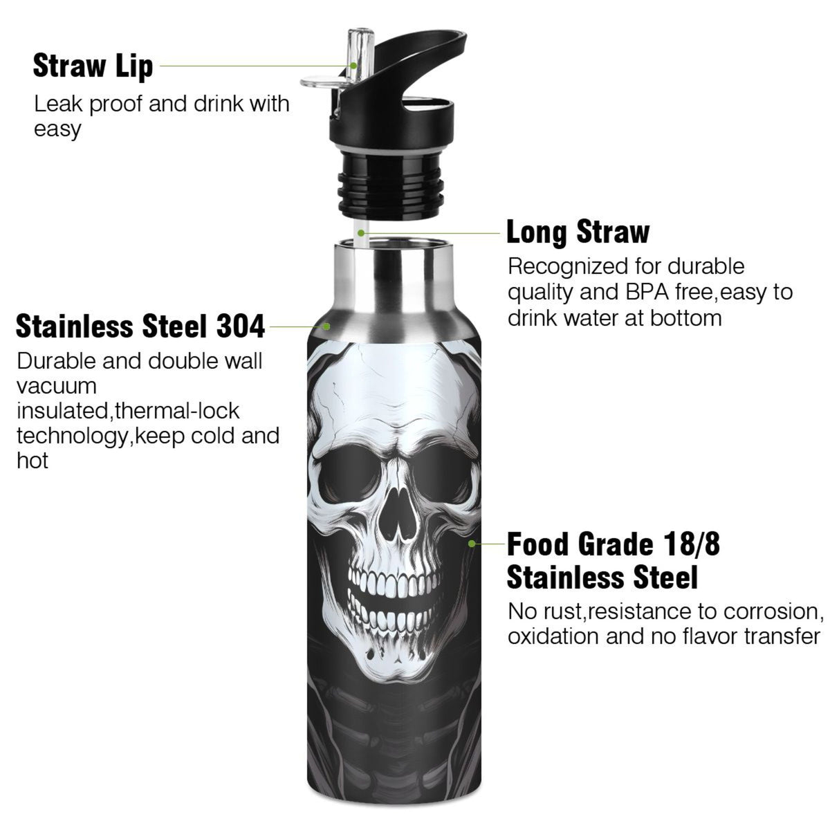 Stainless Steel Insulated Vacuum Flask Water Bottle with Straw Lid T3732