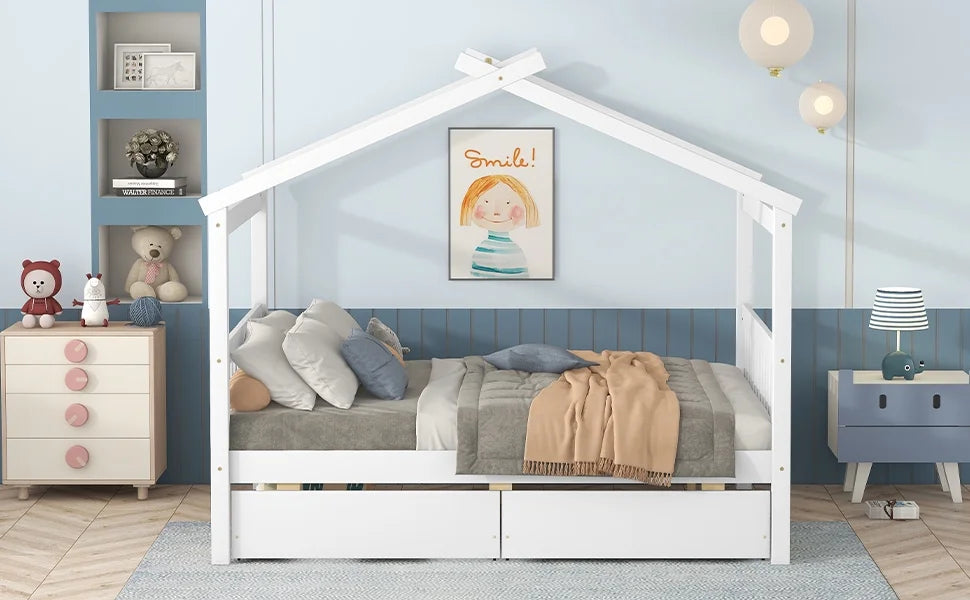 Full Size White Wooden House Bed with Drawers B2086