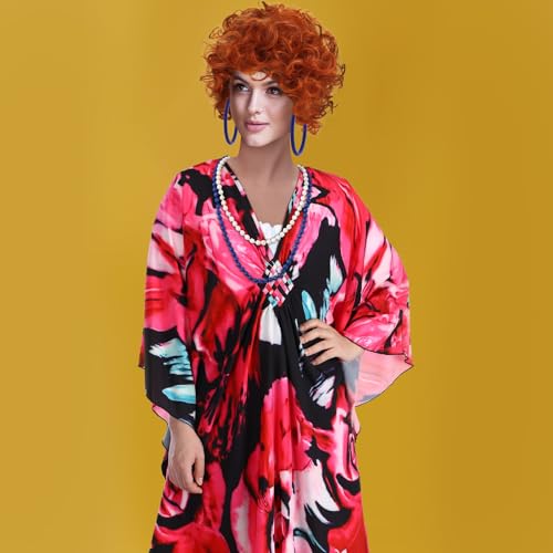 5 Pcs Halloween Costume Set with Print Caftan Dress Curly Wig Bead Necklace Earring T779586