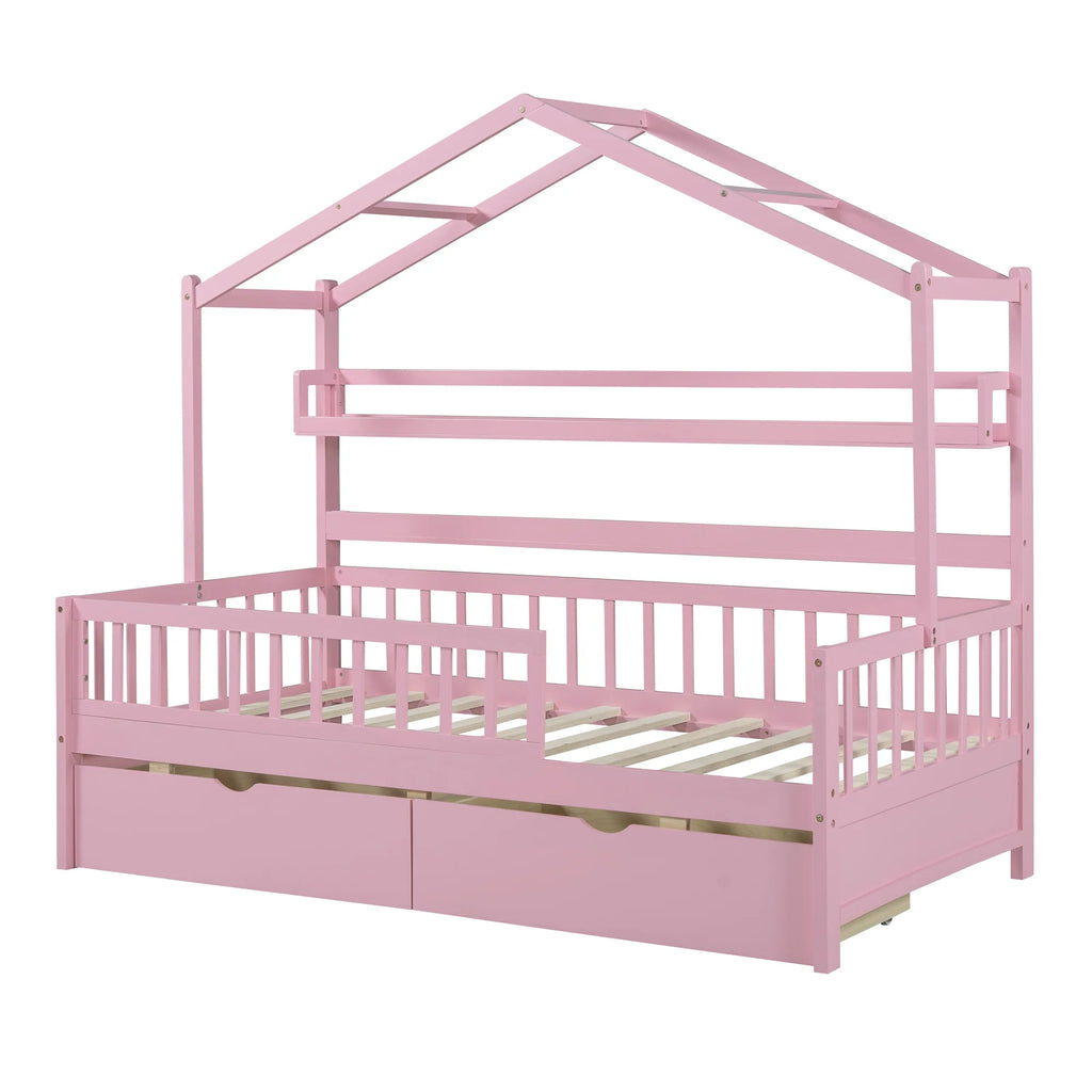 Twin Size Wooden House Bed with 2 Drawers W2905