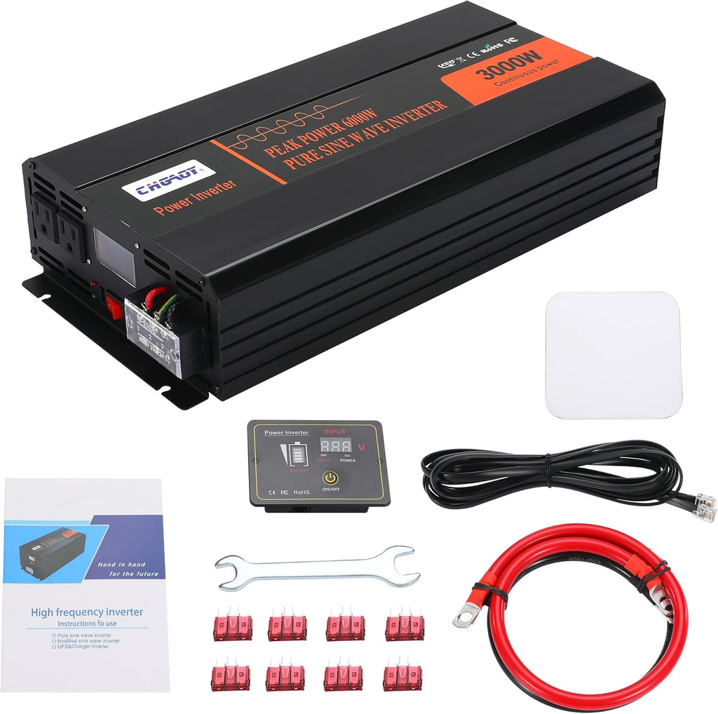 3000W Pure Sine Wave Power Inverter DC 12V to AC 120V with LCD Digital Display Remote Control USB Port H423
