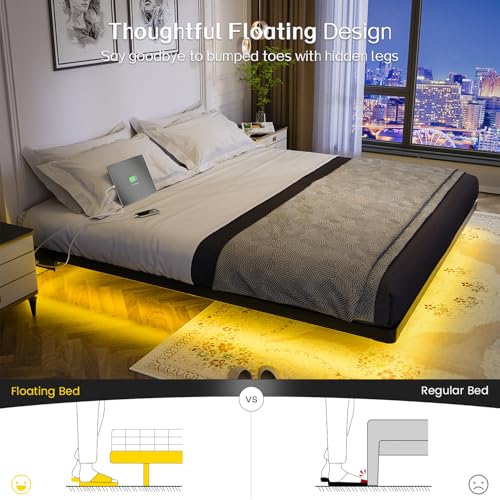 Full Size Metal Platform Bed with LED Lights and Charging Station W250
