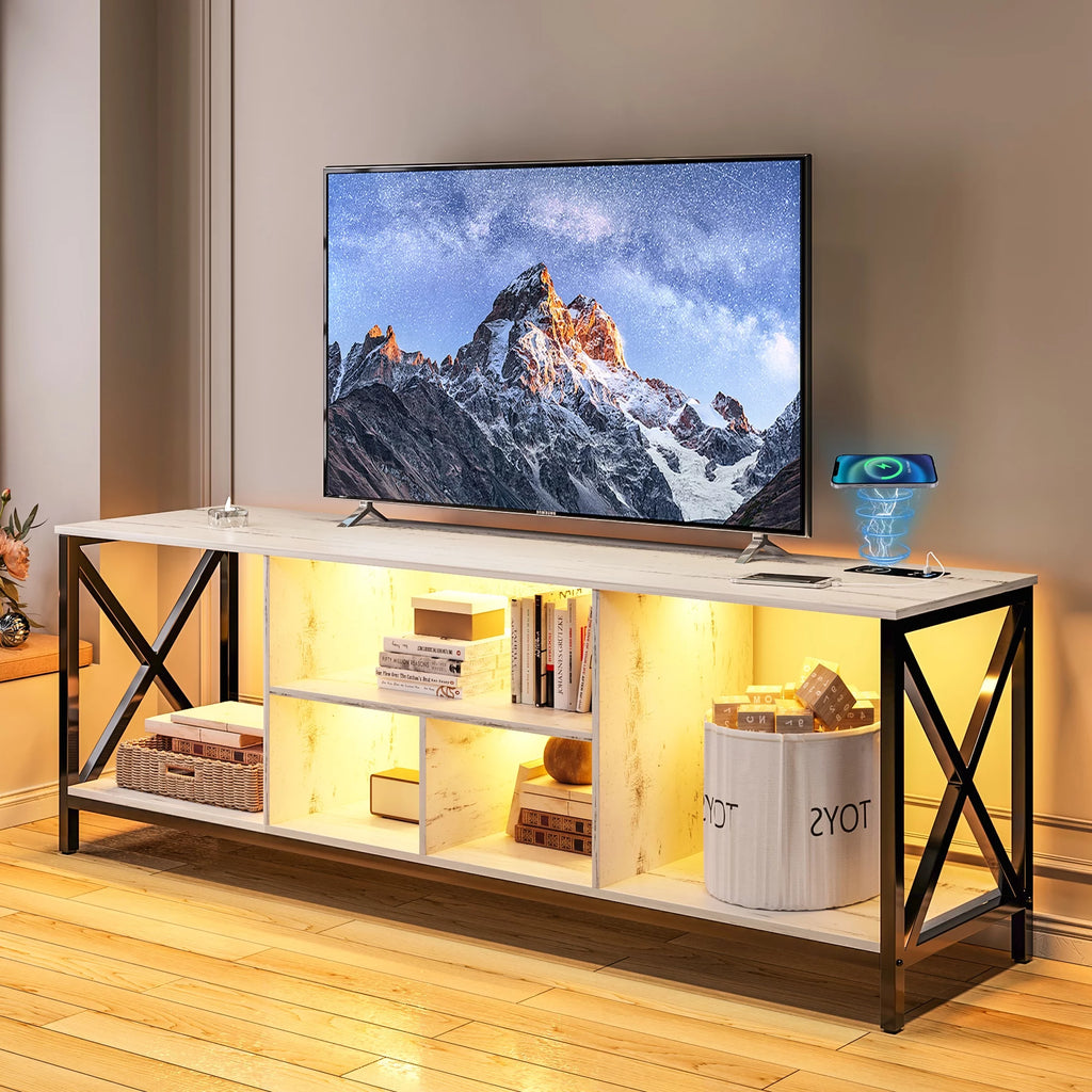 White LED TV Stand with Charging Station and Storage Cabinet F953