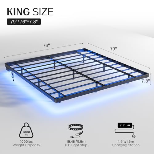 Full Size Metal Platform Bed with LED Lights and Charging Station W250