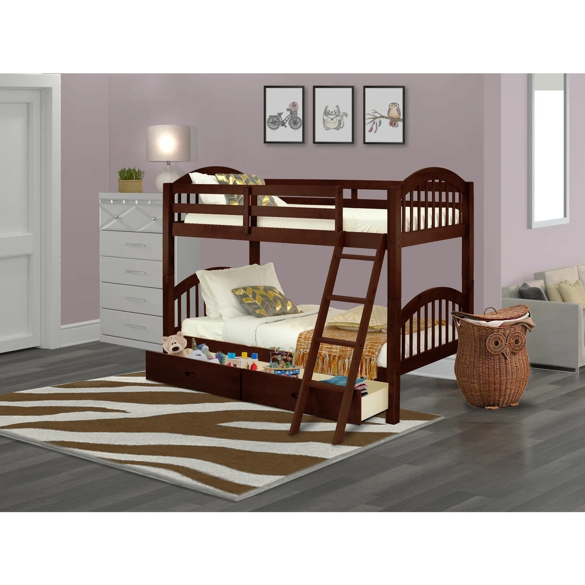 Hardwood Bunk Beds with Ladder and Two Drawers B788