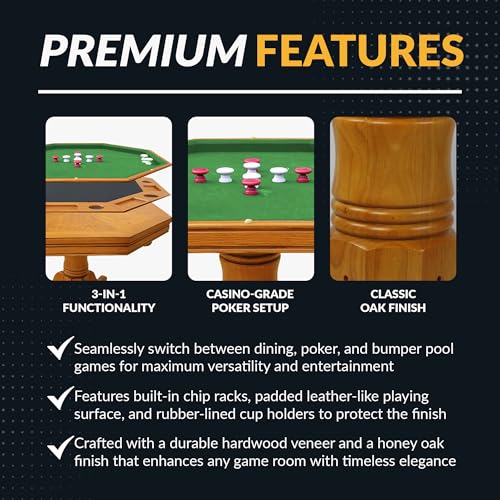 Oak 3 in 1 Octagon Poker Table with Bumper Balls, Cues, Chalk, Brush S5200