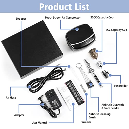 40PSI Touchscreen Airbrush Kit with Compressor, 0.3mm Needle, Dual-Action Airbrush Set W697