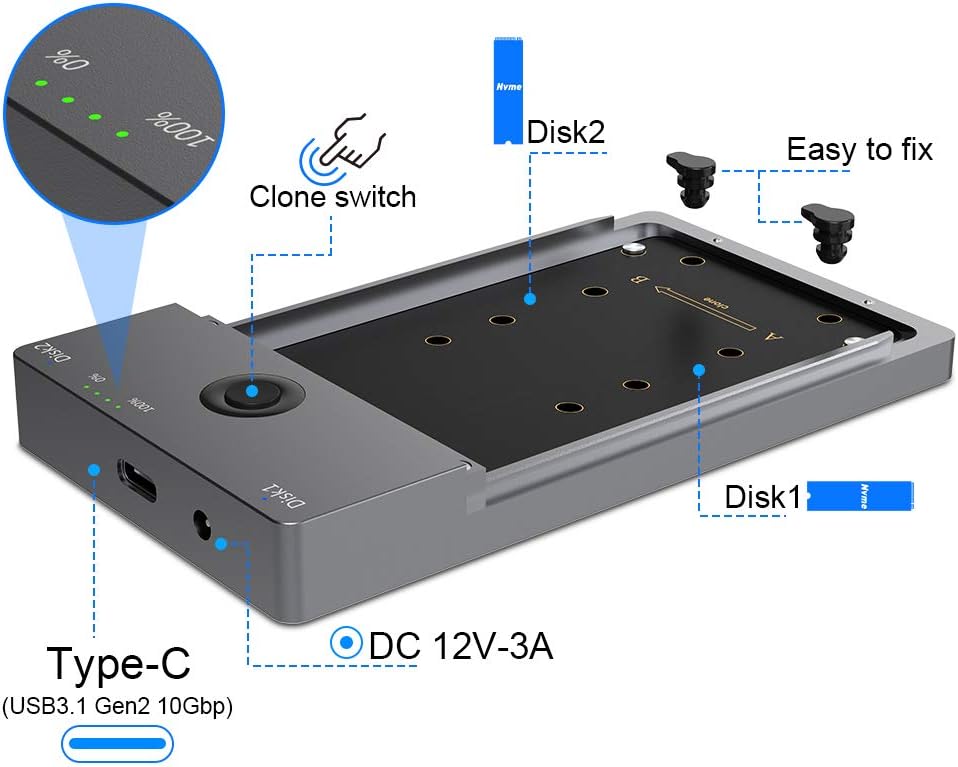USB C 10Gbps Dual-Bay M.2 NVME SSD Enclosure with Offline Clone N1878