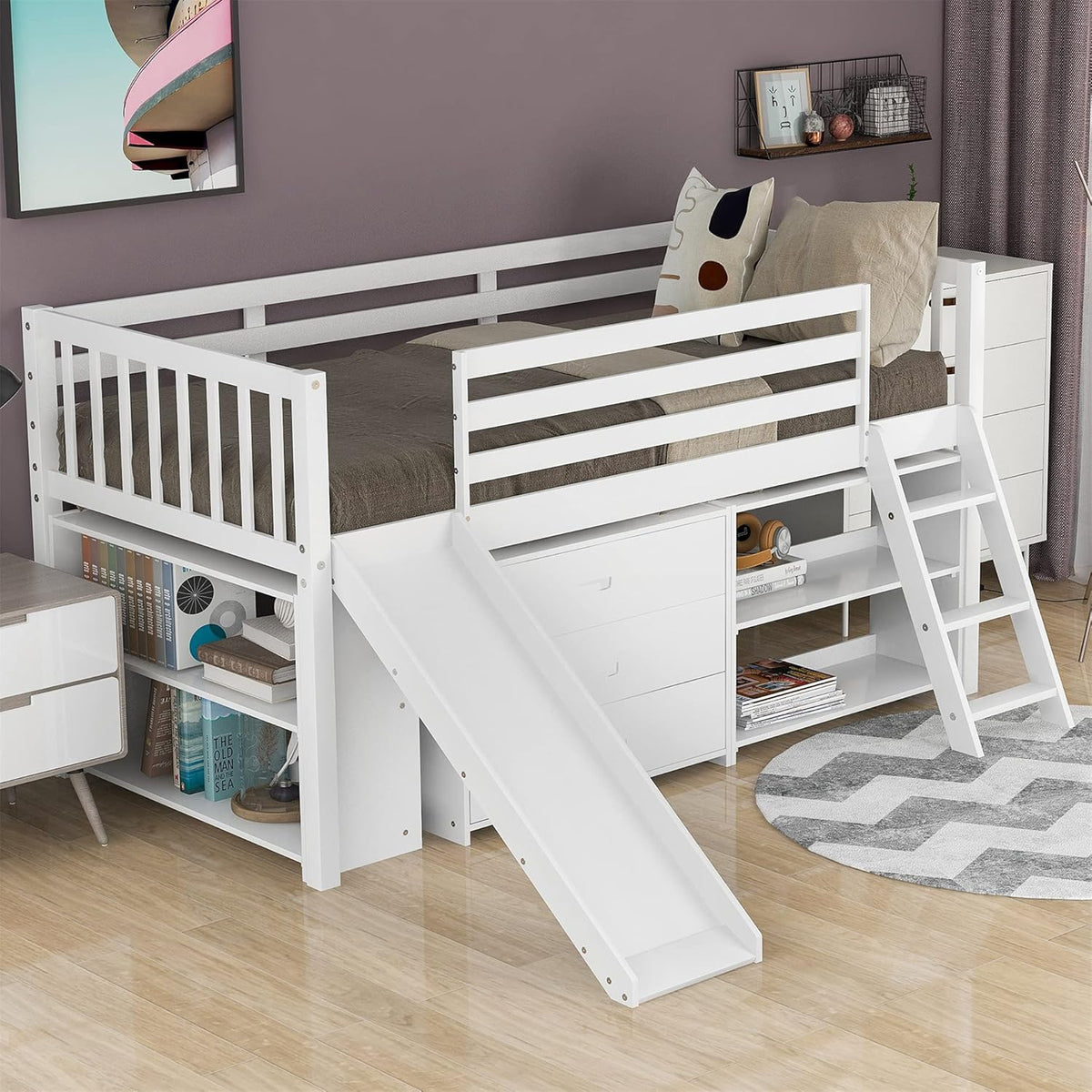 Gray Solid Wood Twin Loft Bed with Slide and Storage X442839