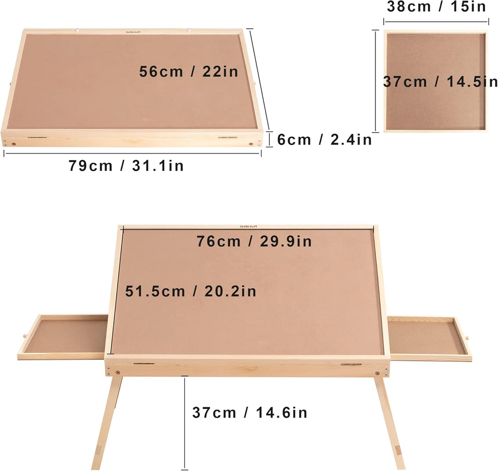 Tilting Puzzle Table with 2 Drawers, Adjustable Jigsaw Puzzle Board, Portable Wooden Puzzle Plateau with Folding Legs & Non-Slip Tabletop O6273