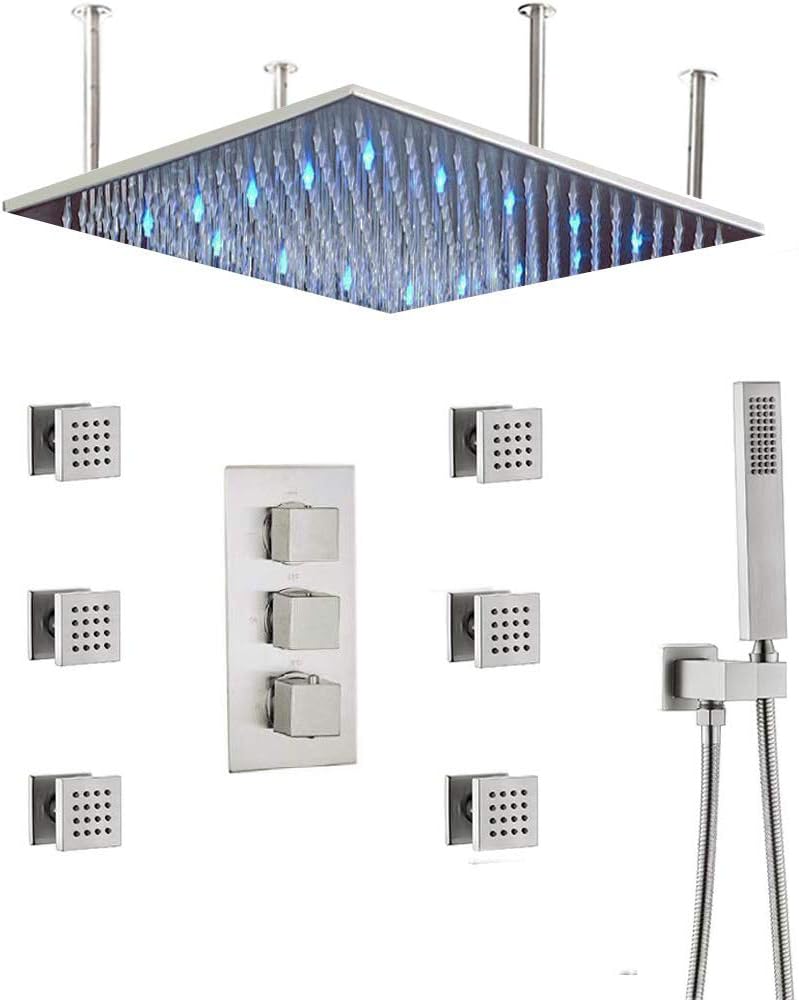 Brushed Nickel LED Rain Shower Head System with Thermostatic Mixer Valve and Body Sprayer Jets S273837