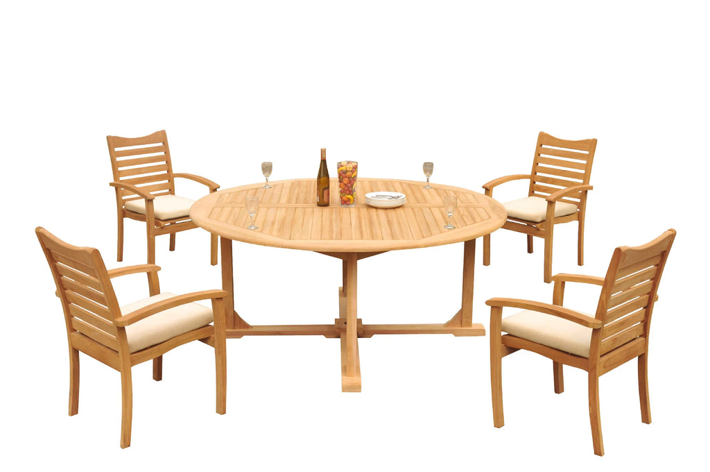 Teak 5 Pc Dining Set with 72" Round Table and 4 Stacking Arm Chairs A155678