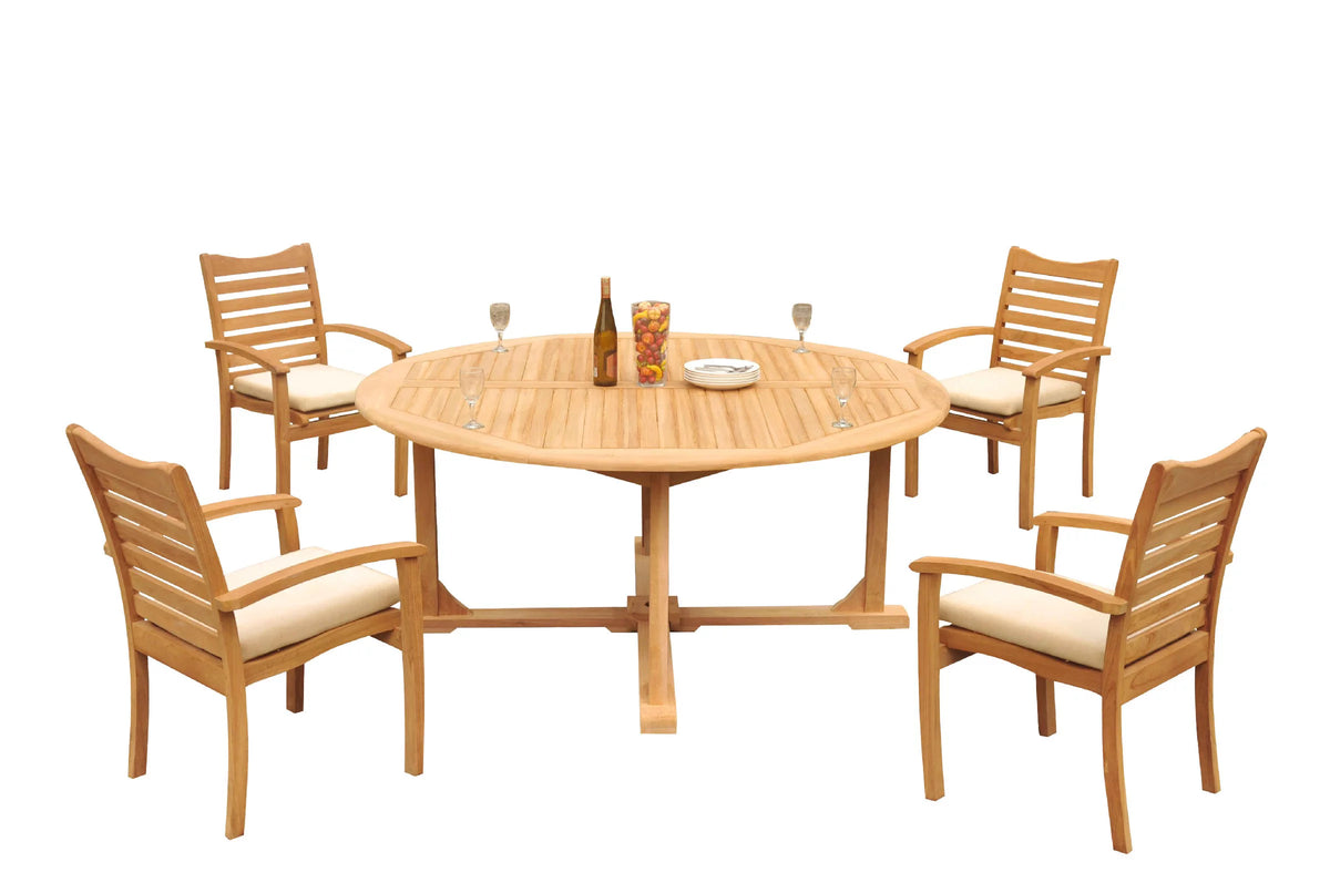 Teak 5 Pc Dining Set with 72" Round Table and 4 Stacking Arm Chairs A155678