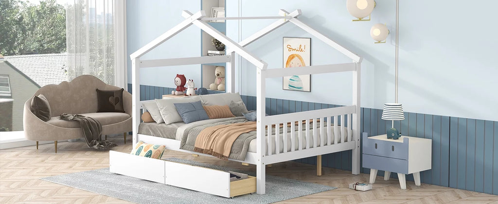 Full Size White Wooden House Bed with Drawers B2086