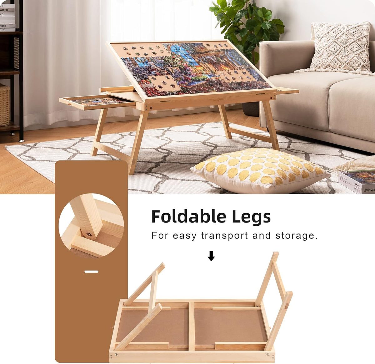 Tilting Puzzle Table with 2 Drawers, Adjustable Jigsaw Puzzle Board, Portable Wooden Puzzle Plateau with Folding Legs & Non-Slip Tabletop O6273
