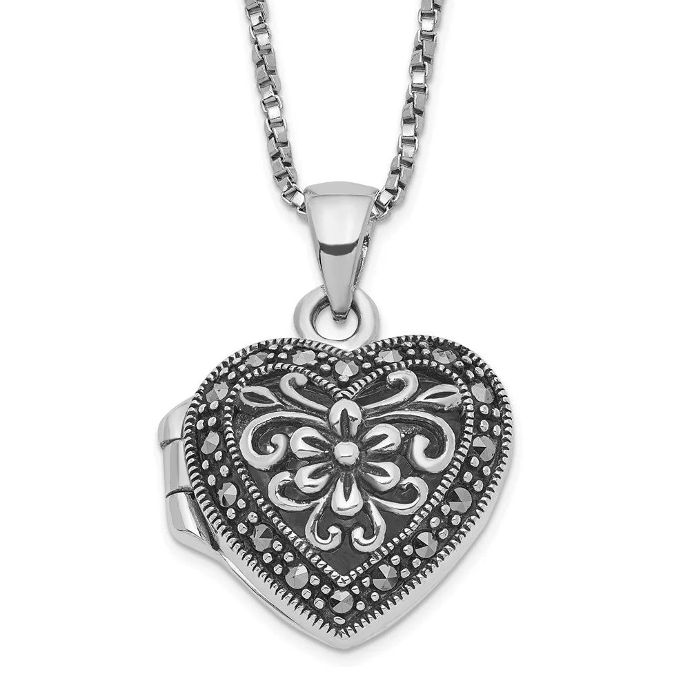 925 Sterling Silver Marcasite Heart Locket Necklace 18" H29989